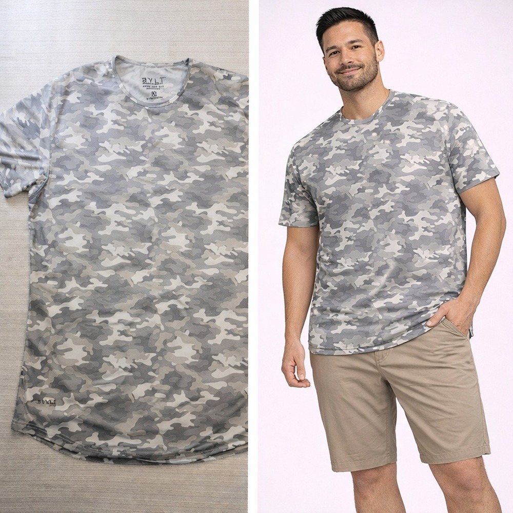 BYLT Premium Basics Mens XL Drop Cut‎ SS Performance Shirt Grey Camo Curved Hem